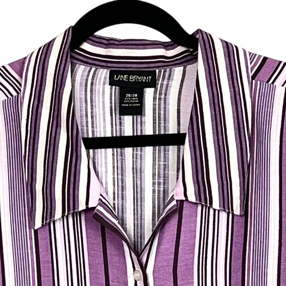 Lane Bryant Plus Size 26/28 Button Up Shirt Purple & White Striped Linen Blend - Picture 6 of 12